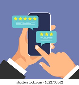 Smartphone with reviews rate on the screen. Review rating bubble speeches on mobile phone. Man click on the smartphone display.