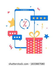 Smartphone with reward symbol gift box, chat and review icons. Online reward concept. Vector illustration