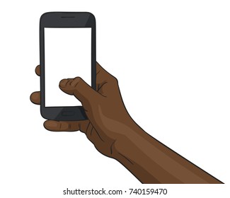 Smartphone in right black afro hand with thumb pressing blank screen, Vector illustration isolated on white background