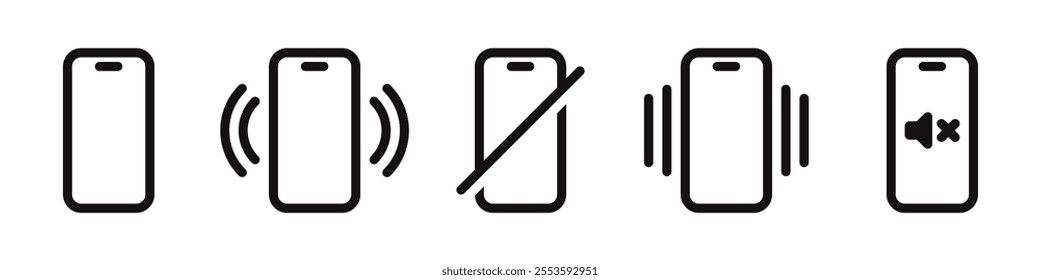 Smartphone ringing icons set. Phone vibrating or mute, silent mode symbol collection. Vector illustration. 