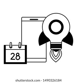 smartphone with rocket bulb and calendar