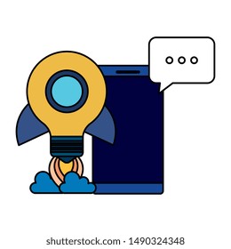 smartphone with rocket bulb and speech bubble