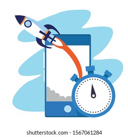 smartphone with rocket and chronometer over blue and white background, colorful design , vector illustration