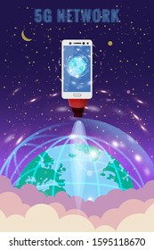 Smartphone rocket is flying in the sky start up. 5G internet new mobile wireless technology wifi connection. Isometric letters 5g Earth planet. Fifth innovative generation of the global high speed