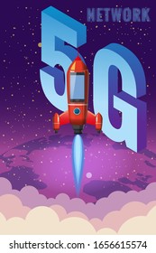 Smartphone rocket is flying in the sky start up. 5G internet new mobile wireless technology wifi connection. Isometric letters 5g. Fifth innovative generation of the global high speed Internet network