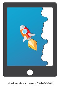 smartphone with Rocket goes up in the sky 