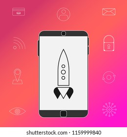 Smartphone with rocket on the screen and few web icons around on red-pink background