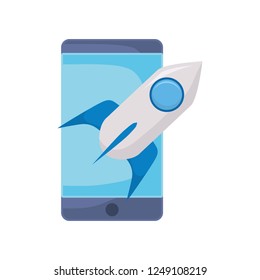 smartphone and rocket on white background