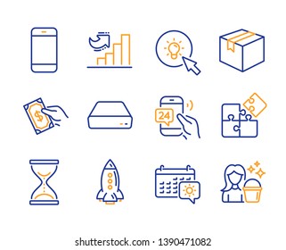 Smartphone, Rocket and Puzzle icons simple set. Pay money, 24h service and Mini pc signs. Time hourglass, Travel calendar and Energy symbols. Parcel, Growth chart and Cleaning. Line smartphone icon