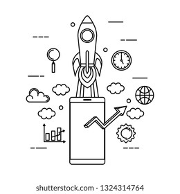 smartphone with rocket and set icons