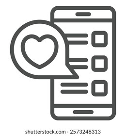 Smartphone with romantic message line icon, mother day concept. Vector graphics. Phone with heart bubble sign on white background, outline style icon for mobile or web design