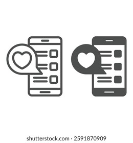 Smartphone with romantic message line and solid icon, mother day concept. Vector graphics. Phone with heart bubble sign on white background, outline style icon for mobile or web design