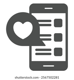 Smartphone with romantic message solid icon, mother day concept. Vector graphics. Phone with heart bubble sign on white background, glyph style icon for mobile or web design
