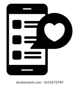 Smartphone with romantic message solid icon, mother day concept. Vector graphics. Phone with heart bubble, gadget sign on white background, glyph style mobile or design