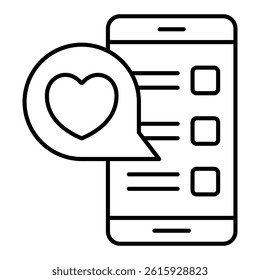 Smartphone with romantic message thin line icon, mother day concept. Vector graphics. Phone with heart bubble, gadget sign on white background, linear style for mobile or design
