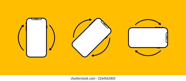 Smartphone rotate. Phone flip. Icons of rotate of mobile phones. Turn of device on 360. Screen of cellphone for app. Vertical or horizontal rotation and orientation. Vector.