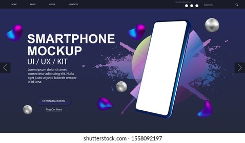 Smartphone rotated position Mockup and website design. 3D realistic phone in perspective. UI/UX/KIT design. Mobile phone gadget, device. Blank screen cell phone. Vector Mockup presentation UI design.