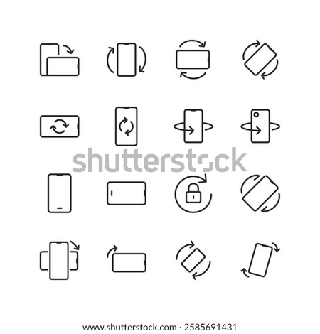 Smartphone Rotation and Orientation, linear style icon set. Portrait to landscape mode, rotational movement, and orientation locking. Device rotation instructions and settings. Editable stroke width