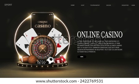 A smartphone with roulette, chips, dice, soccer balls, basketball and poker cards on a podium with a neon frame. A concept for casinos and sports betting.