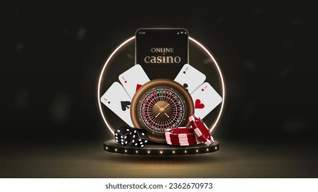 A smartphone with roulette, poker cards, dice and red chips on a podium with a neon frame in black and gold. A concept for a casino.