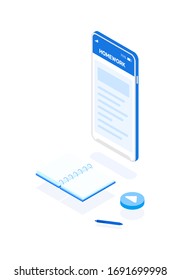 Smartphone with a round play icon, pen and notebook. The smartphone has launched an application for online distance learning.
