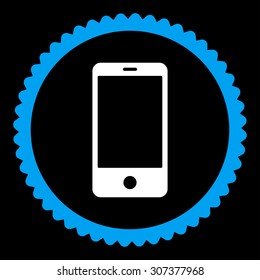 Smartphone round stamp icon. This flat vector symbol is drawn with blue and white colors on a black background.