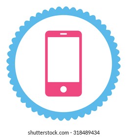 Smartphone round stamp icon. This flat vector symbol is drawn with pink and blue colors on a white background.