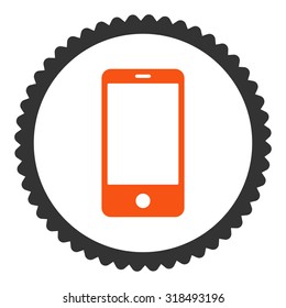 Smartphone round stamp icon. This flat vector symbol is drawn with orange and gray colors on a white background.