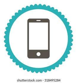 Smartphone round stamp icon. This flat vector symbol is drawn with grey and cyan colors on a white background.