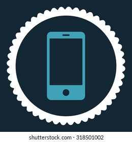 Smartphone round stamp icon. This flat vector symbol is drawn with blue and white colors on a dark blue background.