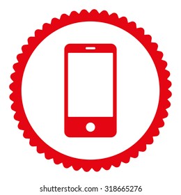 Smartphone round stamp icon. This flat vector symbol is drawn with red color on a white background.