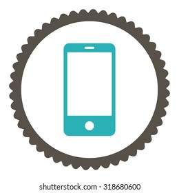 Smartphone round stamp icon. This flat vector symbol is drawn with grey and cyan colors on a white background.