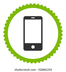Smartphone round stamp icon. This flat vector symbol is drawn with eco green and gray colors on a white background.