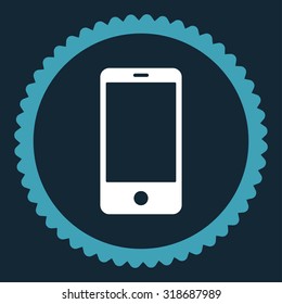 Smartphone round stamp icon. This flat vector symbol is drawn with blue and white colors on a dark blue background.