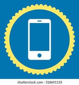 Smartphone round stamp icon. This flat vector symbol is drawn with yellow and white colors on a blue background.