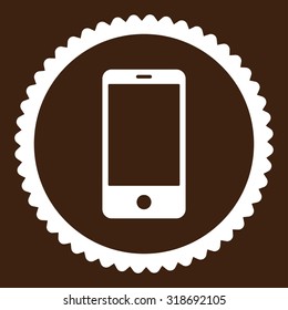 Smartphone round stamp icon. This flat vector symbol is drawn with white color on a brown background.