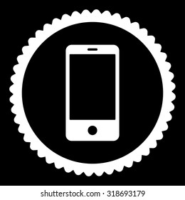 Smartphone round stamp icon. This flat vector symbol is drawn with white color on a black background.