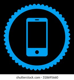 Smartphone round stamp icon. This flat vector symbol is drawn with blue color on a black background.
