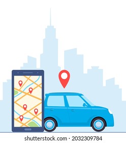 Smartphone con ruta y puntos localizados en el mapa de la ciudad en el entorno urbano. Servicio de uso compartido de coches en línea con aplicación para smartphones. Teléfono con marcas de ubicación y auto. Ilustración de concepto de vector