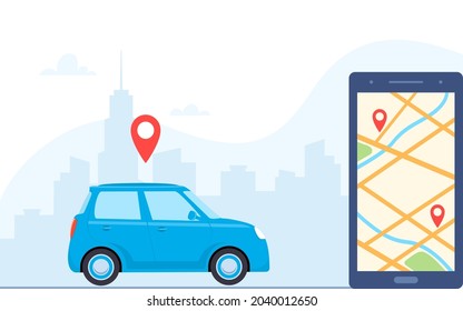 Smartphone with route and points location on city map on the urban landscape background. Online car sharing service with smartphone app. Phone with location marks and car. Vector concept illustration