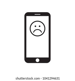 Smartphone with sad face icon on the screen. Unhappy face message. Black and white vector illustration.