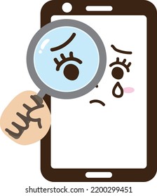 Ein Smartphone mit einem traurigen Gesicht, das durch eine Lupe schaut, um zu entdecken