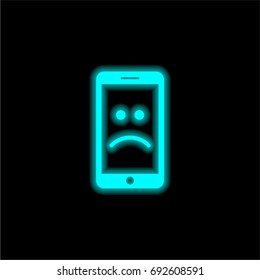 Smartphone with sad face on screen blue glowing neon ui ux icon. Glowing sign logo vector