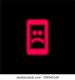 Smartphone with sad face on screen red glowing neon ui ux icon. Glowing sign logo vector
