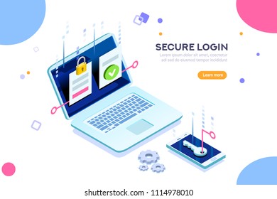 Smartphone safe certificate, two identity authentication concept. Verify permission request. Used for web banner or infographic images. Flat isometric vector illustration isolated on white background.