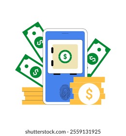 Smartphone With Safe, Dollar Bills, And Coins In Flat Vector Illustration Symbolizing Digital Banking, Savings, And Mobile Financial Security, Isolated On White Background