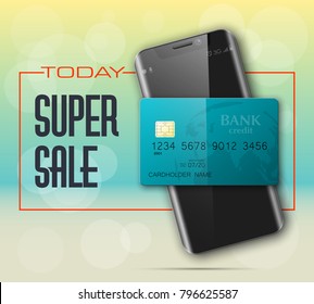 Smartphone sale banner & credit card. Advertising promo poster phone bank card icon. Communicator PDA Electronic money funds transfer. Plastic card phone software. Update banking icon. Debit card chip