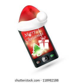 smartphone with Santa's red hat. Mobile Phone - Christmas.. Vector illustration.