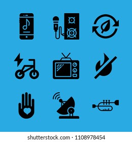 smartphone, satellite dish, speaker, fire, television, heart on the palm, bike, recycling and trumpet vector icon. Simple icons set