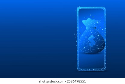 Smartphone with savings or financial profit concept with dollar technology background. Money bag with dollar coins in low poly style